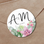Floral Tropical Wedding Classic Round Sticker<br><div class="desc">Watercolor Floral Palm Tropical Wedding Monogram Classic Round Sticker. A tropical design that embraces the tranquil beauty of nature mixed with a playful edge that is sure to help you have fun. A blend of calming green tropical leaves, including banana leaves, palms, monstera leaves, and pink princessa plants, alongside soothing...</div>
