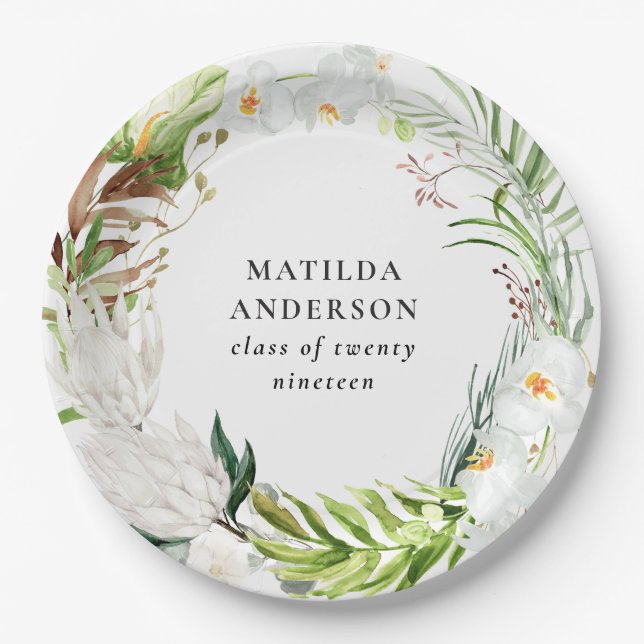 Floral tropical wreath graduation party paper plates (Front)