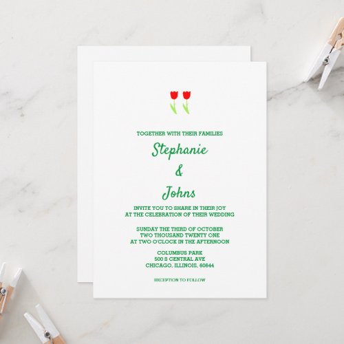 Floral Tulip Flower Red White Green Cute Wedding Invitation