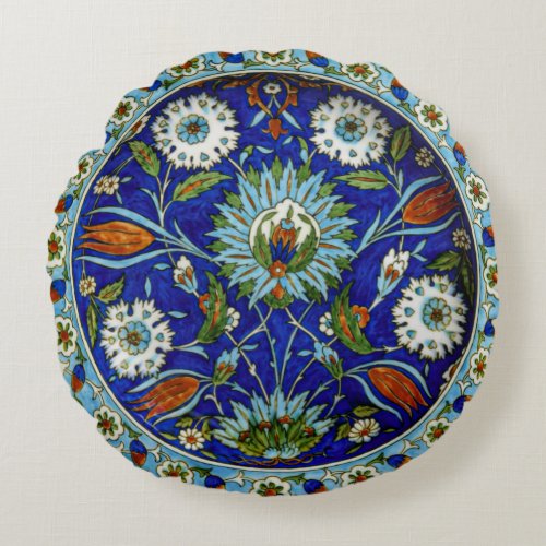 Floral Tulip Motif Iznik Turkish Pattern Round Pillow