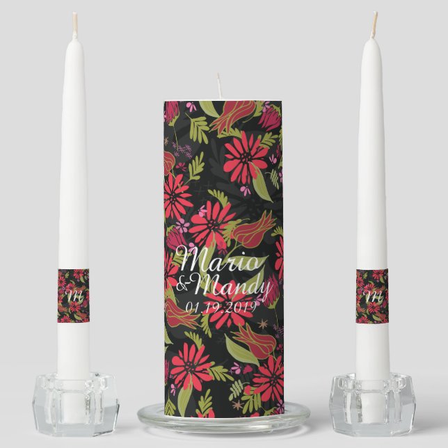 Floral Tulip Red and Black Wedding Unity Candle Set (Front)
