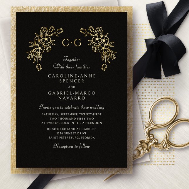 Floral Tulips Monogram Wedding Foil Invitation (Creator Uploaded)