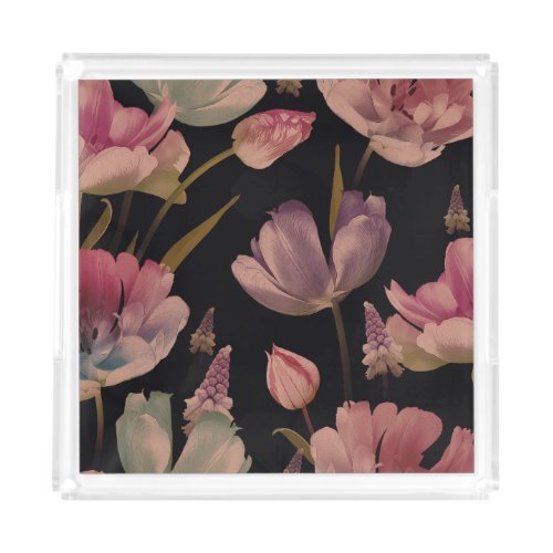 Floral tulips muscari vintage seamless acrylic tray
