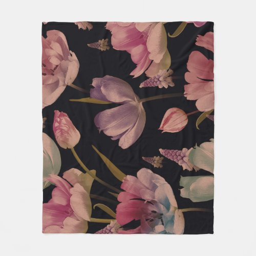 Floral tulips muscari vintage seamless fleece blanket