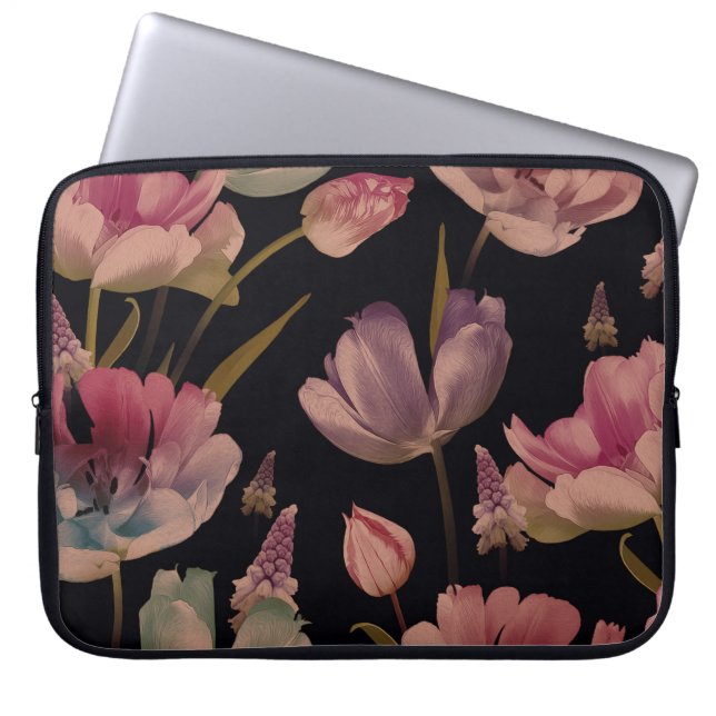 Floral tulips, muscari: vintage seamless laptop sleeve (Front)