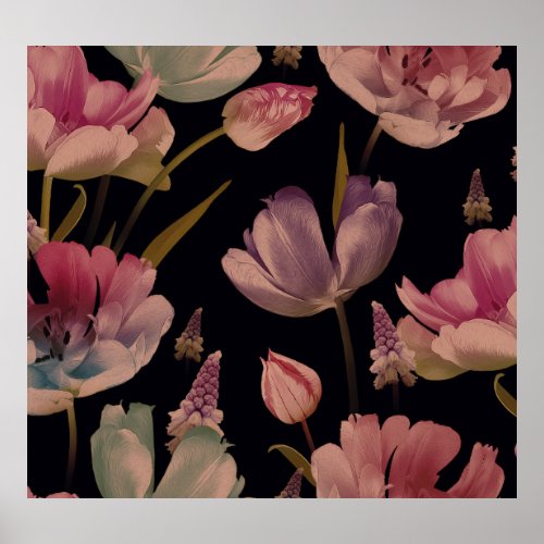 Floral tulips muscari vintage seamless poster