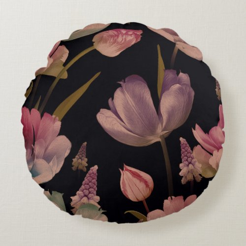 Floral tulips muscari vintage seamless round pillow