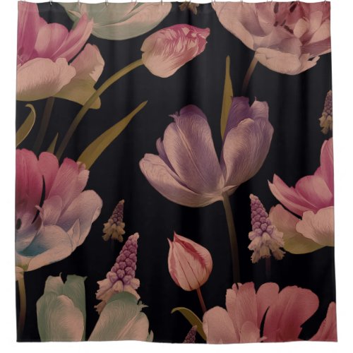 Floral tulips muscari vintage seamless shower curtain