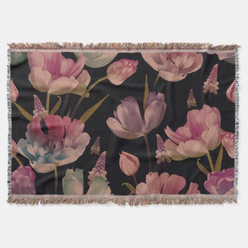 Floral tulips muscari vintage seamless throw blanket