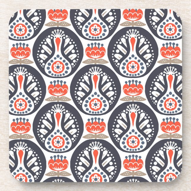 Floral Turkey Folk Art Pattern Beverage Coaster (Front)