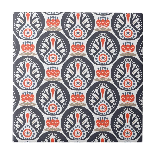Floral Turkey Folk Art Pattern Ceramic Tile (Front)