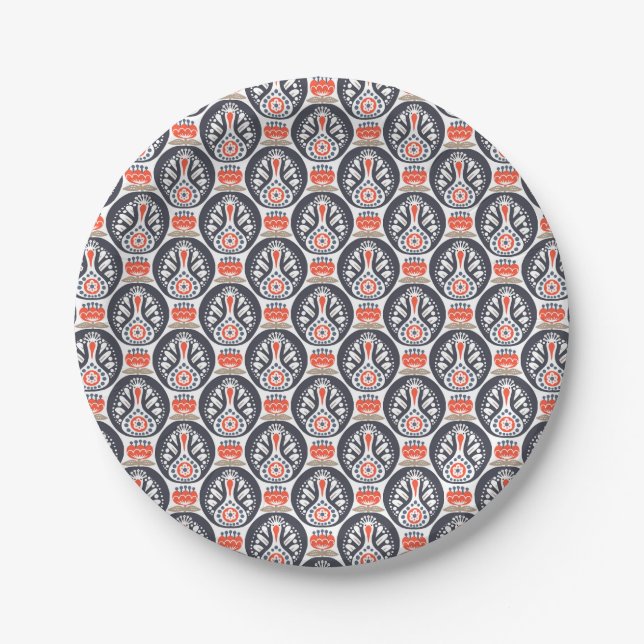Floral Turkey Folk Art Pattern Paper Plates (Front)