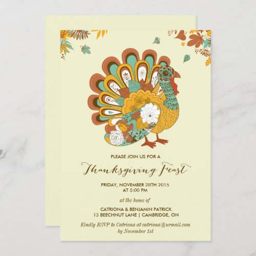 Floral Turkey Rustic Thanksgiving Feast Invitation