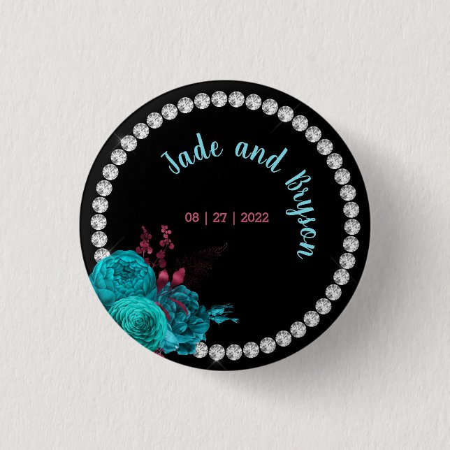 Floral Turquoise and Mauve Elegant Rhinestone   Button (Front)