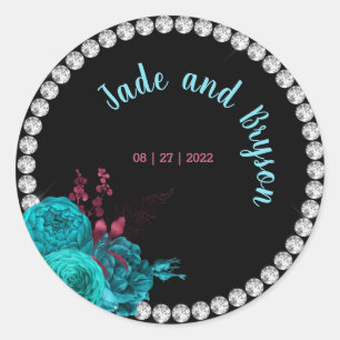 Floral Turquoise and Mauve Elegant Rhinestone Classic Round Sticker