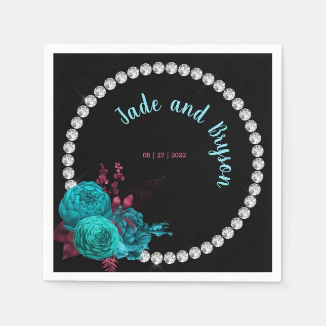 Floral Turquoise and Mauve Elegant Rhinestone    Napkins (Front)