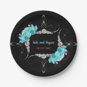 Floral Turquoise and Mauve Elegant Rhinestone   Paper Plates