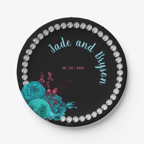 Floral Turquoise and Mauve Elegant Rhinestone  Paper Plates