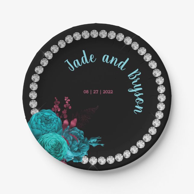 Floral Turquoise and Mauve Elegant Rhinestone  Paper Plates (Front)
