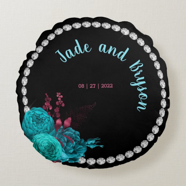 Floral Turquoise and Mauve Elegant Rhinestone   Round Pillow (Front)