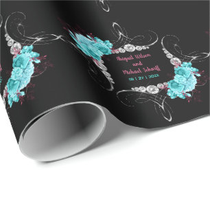 Floral Turquoise and Mauve Elegant Rhinestone Wrapping Paper