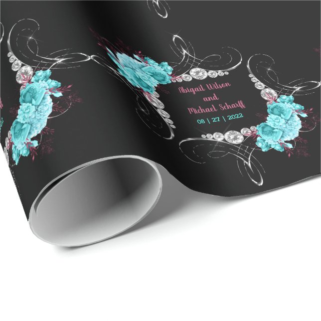 Floral Turquoise and Mauve Elegant Rhinestone   Wrapping Paper (Roll Corner)