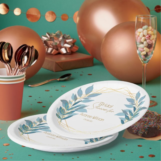 Floral Turquoise Blue and Gold Paper Plates (Multi)