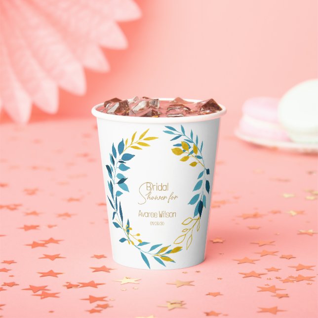 Floral Turquoise Blue and Gold Paper Plates Paper Cups (Insitu)