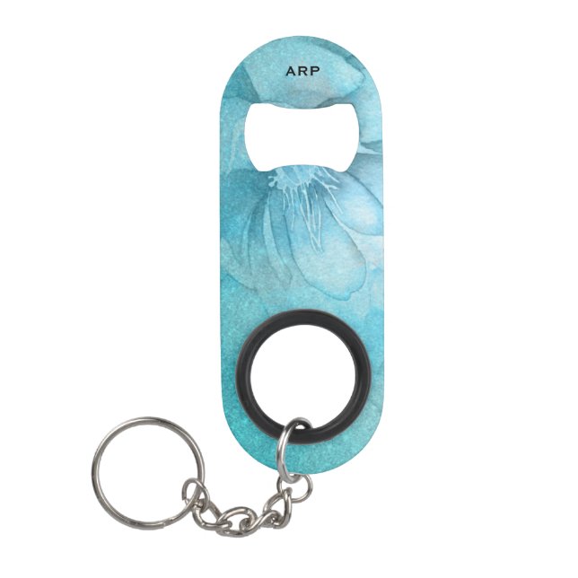 *~* Floral Turquoise Celestial Glitter Watercolor Keychain Bottle Opener (Front)