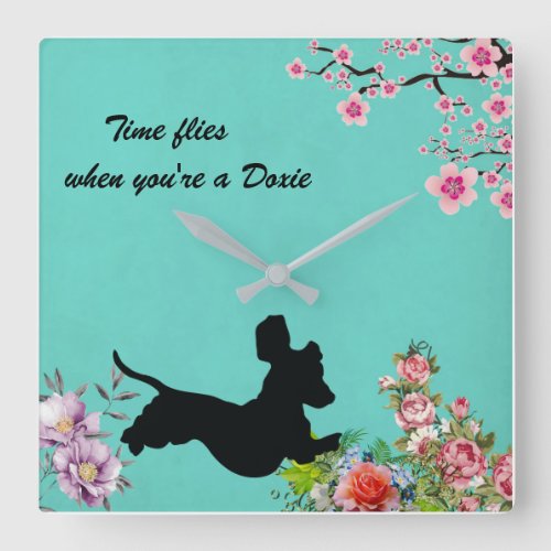 Floral Turquoise Dachshund Silhouette Wall Clock