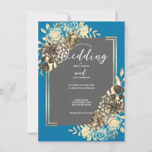Floral Turquoise Gray  Pale Yellow Wedding Invitation