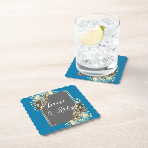 Floral Turquoise Gray  Pale Yellow Wedding Paper Coaster