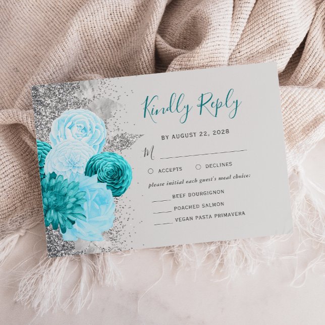 Floral Turquoise Gray Silver Meal Choice Wedding RSVP Card (Creator Uploaded)