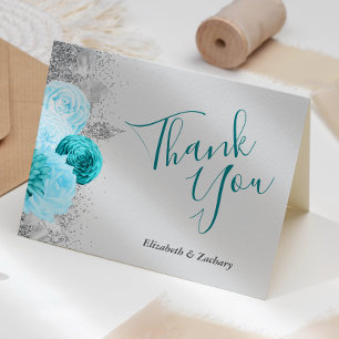 Floral Turquoise Gray Silver Wedding Thank You Card