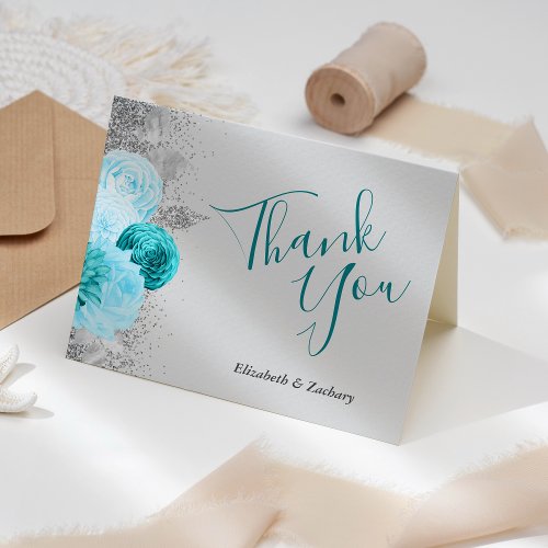 Floral Turquoise Gray Silver Wedding Thank You Card