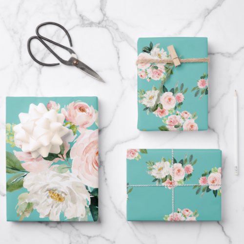 Floral Turquoise Shabby Chic Wrapping Paper Sheets