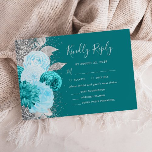 Floral Turquoise Silver Meal Choice Wedding RSVP Card
