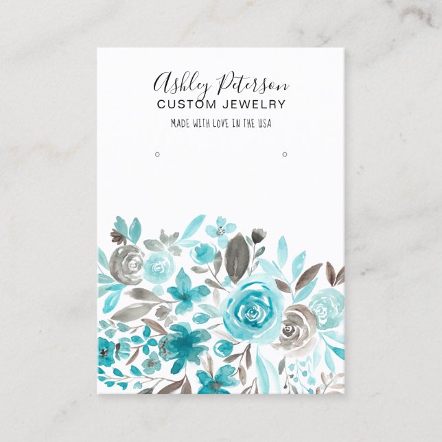 Floral turquoise watercolor earring display business card (Front)
