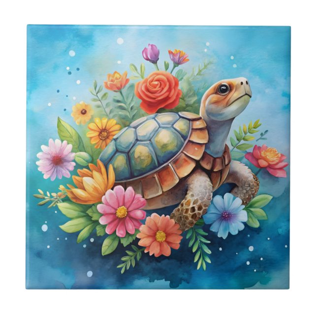 Floral Turtle Ceramic Tile (Front)
