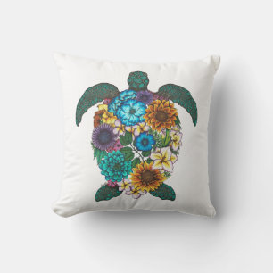 Floral Turtle Color White Background Throw Pillow