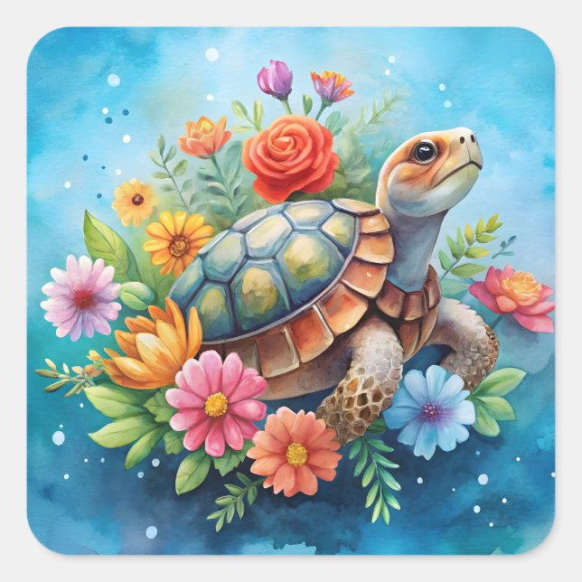 Floral Turtle Square Sticker (Front)
