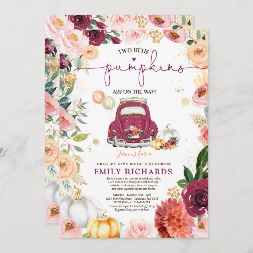 Floral Twin Rustic Pumpkin Drive By Baby Shower Invitation
