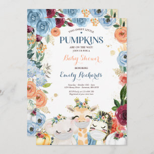 Floral Twin Safari Animals Pumpkin Baby Shower Invitation