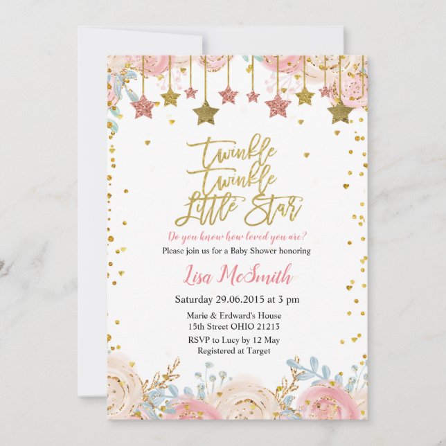 Floral Twinkle Twinkle Little Star Baby Shower Invitation (Front)