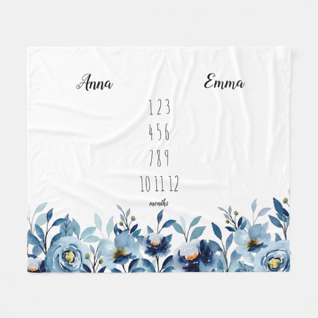 Floral Twins Monthly Milestone Fleece Blanket (Front (Horizontal))