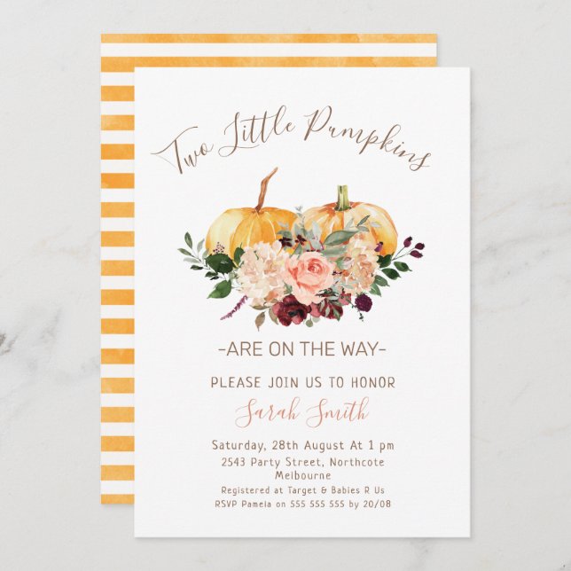 Floral Twins Two Little Pumpkins Baby Shower Invitation (Front/Back)