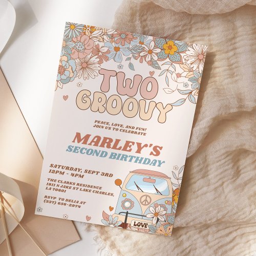 Floral Two Groovy 2nd Retro Birthday Party Invitation