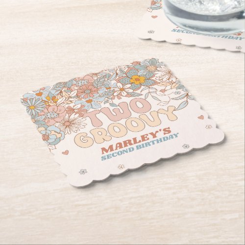 Floral Two Groovy 2nd Retro Birthday Party Paper Coaster