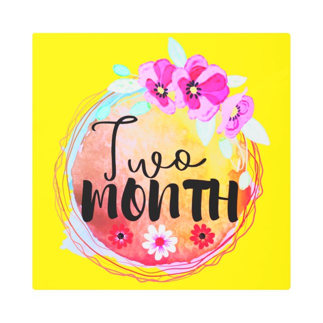 Floral Two Month Old Baby Milestone Label Metal Print (Front)
