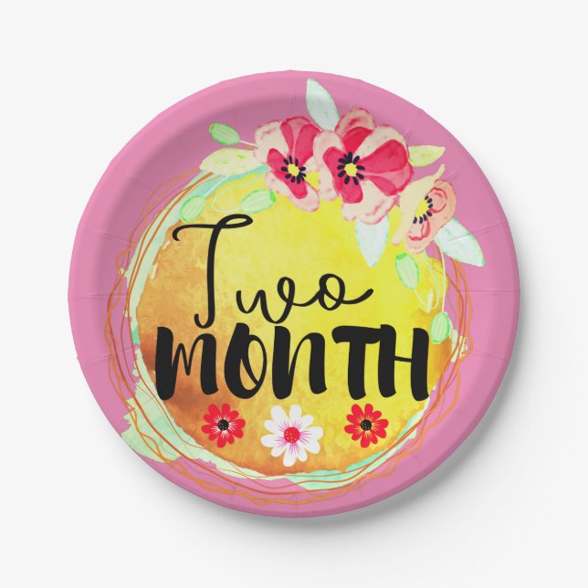 Floral Two Month Old Baby Milestone Label Paper Plates (Front)